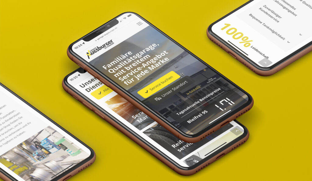 Smartphones, auf denen eine von Clicdesign AG entworfene mobile App auf einem leuchtend gelben Hintergrund zu sehen ist. Die App enthält ein benutzerfreundliches Servicemenü, hochwertige Bilder des ABC Facilities-Projekts und eine Nachricht, die den Qualitätsservice betont. Ein auffälliger Button mit der Aufschrift „Service buchen“ auf Deutsch verstärkt den Handlungsaufruf. Dieses optisch ansprechende Design unterstreicht die Kompetenz von Clicdesign AG in den Bereichen Werbung, Printdesign und Webdesign.
